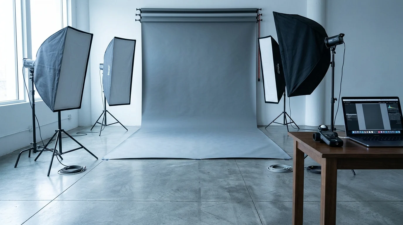 Empty photography studio set up for an adult model shoot, seamless backdrop and lighting